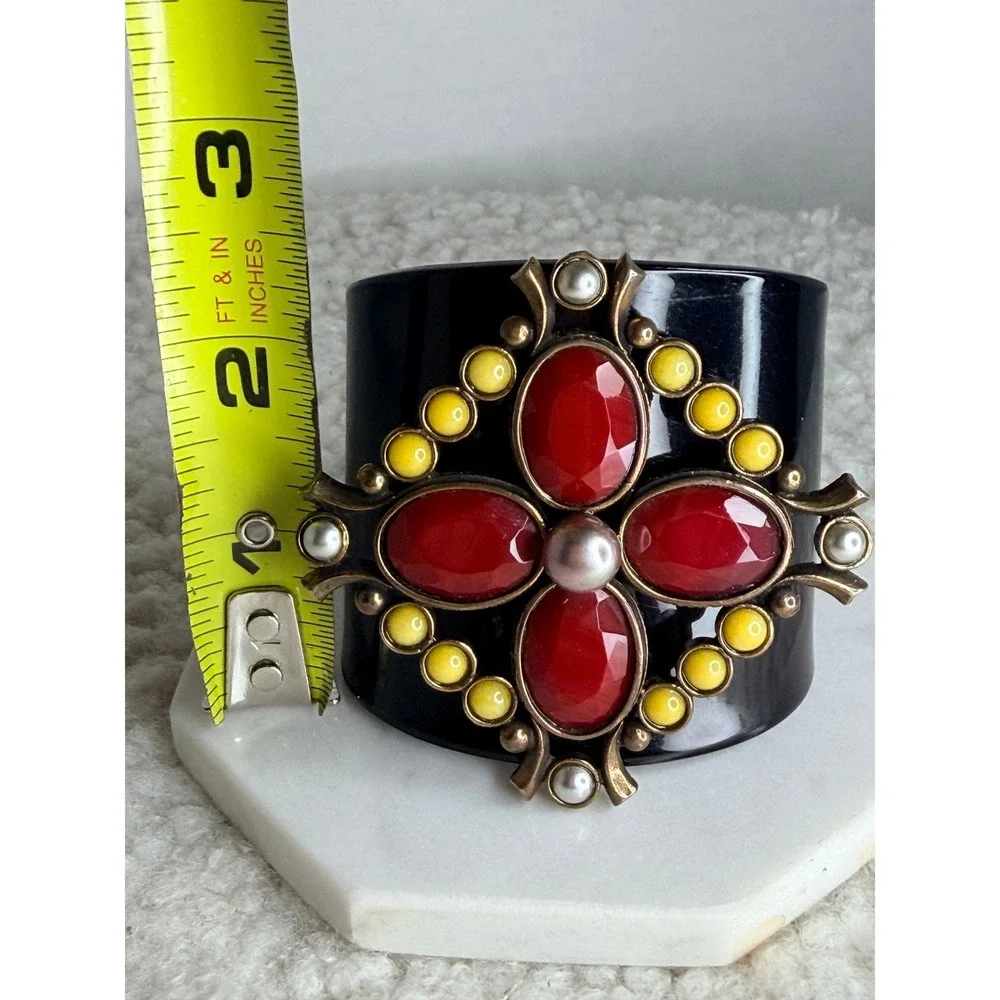 Vintage Extasia Red Bronze Handmade Cuff Bracelet Cab Stone Baroque Cross